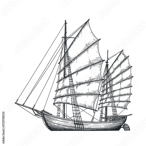 Hand drawn sketch of a large sailing junk ship with multiple sails