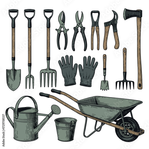 Collection of garden tools and equipment including shovels rakes gloves and wheelbarrow