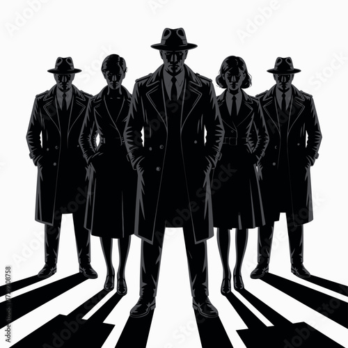 Silhouetted group of people in trench coats and fedora hats standing together
