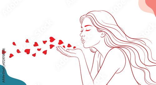 A young woman blowing a kiss with tiny hearts flying from her hands.