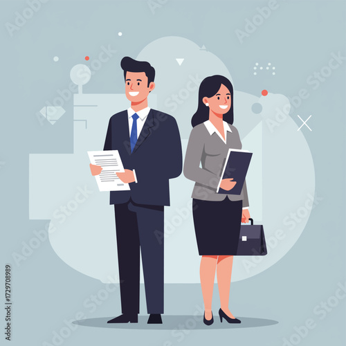 Vector Illustration of Business Professionals in Formal Attire in Modern Minimalist Style