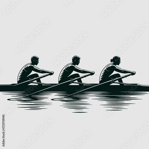 Three rowers in silhouette on a calm body of water