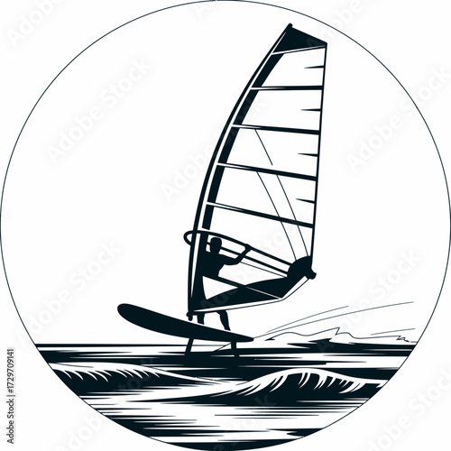 Windsurfer silhouette on choppy water with sail against sky