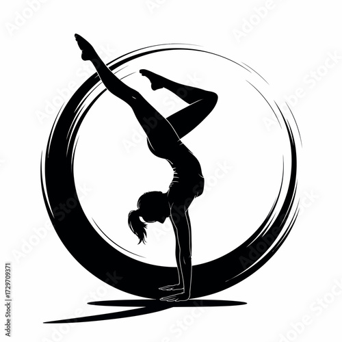 Silhouette of a gymnast performing a handstand within a brushstroke circle