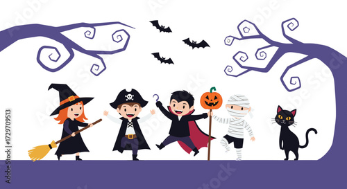 Children in halloween costumes dancing happily together on a purple background.