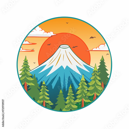 円形フレームと富士山を描いた新年の縁起物ベクター素材