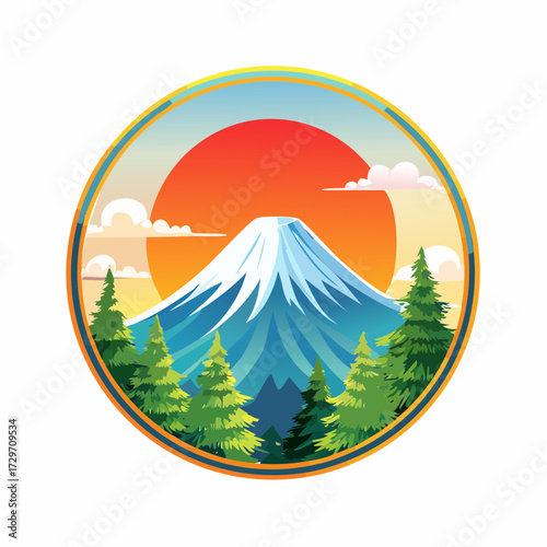 円形フレームと富士山を描いた新年の縁起物ベクター素材