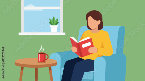 Woman reading a book in a comfortable armchair with a cup of coffee