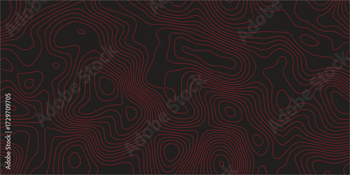 Red contour line abstract topographic map black background ultra wide panoramic terrain path illustration modern cartography vector design decorative landscapes
