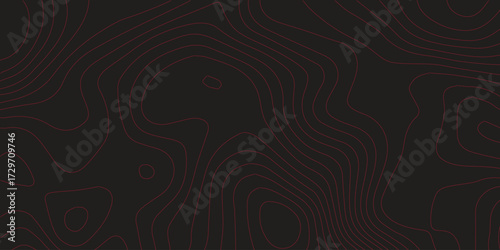 Red contour line abstract topographic map black background ultra wide panoramic terrain path illustration modern cartography vector design decorative landscapes
