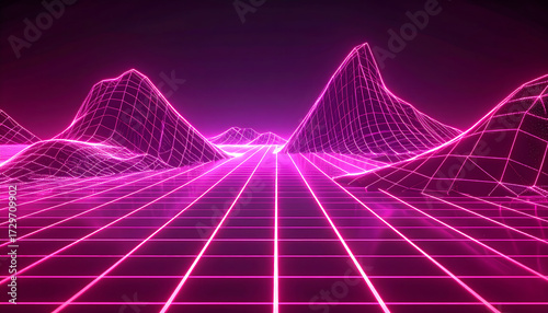 A futuristic digital landscape featuring glowing neon lines, creating a retro-style mountain range and grid.