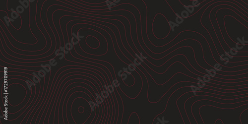 Ultra wide panoramic abstract topographic map red contour lines black background terrain path geographic mapping cartography scheme vector artwork for decoration
