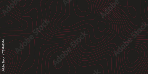 Abstract topographic map red contour line artwork black background ultra wide panoramic cartography terrain path mapping vector illustration decorative design
