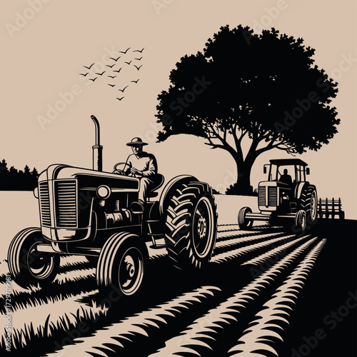 Vintage tractor plowing a field under a large tree with birds flying