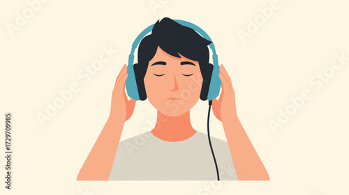 Young man with closed eyes listening to music on headphones