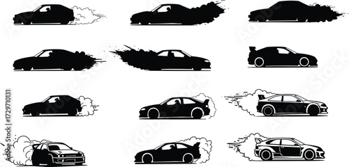 Drift car silhouette, smoke tire burnout, racing vehicle illustration, tuner car graphic, speed motion design, automotive art, street racing vector style