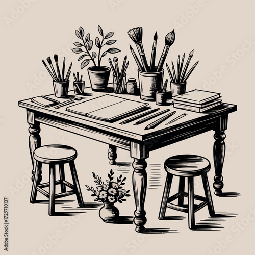 Artist s studio desk with art supplies and plants in a vintage sketch style