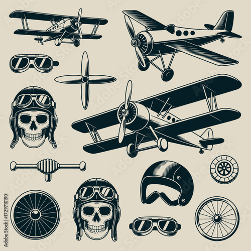 Vintage aviation elements featuring biplanes skulls helmets and goggles