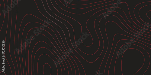 Modern abstract topographic map contour lines red black background panoramic terrain path illustration geographic mapping scheme vector artwork
