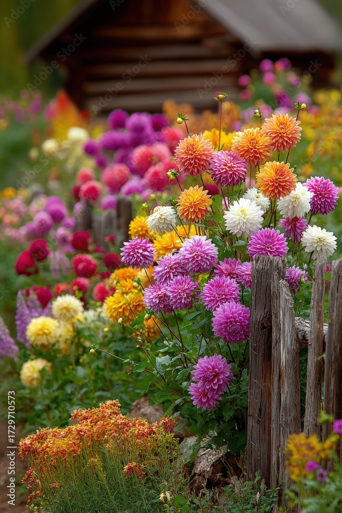 Fototapeta premium Vibrant Dahlia Flowers Bloom Beside Rustic Fence in a Charming Garden Landscape, Promoting Serenity