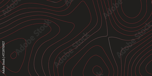Detailed panoramic topographic map contour red lines black background terrain path mapping geographic cartography scheme ultra wide vector illustration
