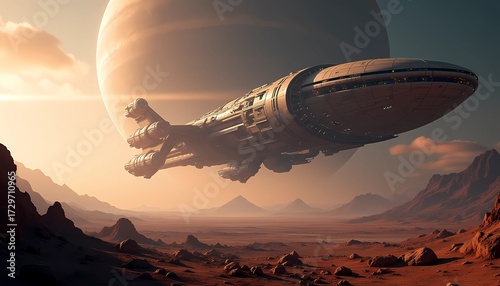 Fototapeta Naklejka Na Ścianę i Meble -  Massive spaceship hovering above alien desert landscape with gas giant planet in background, cinematic spaceship background 4k sci-fi wallpaper