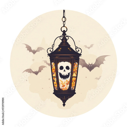 Illustration of a Halloween patterned lantern with a plain background 