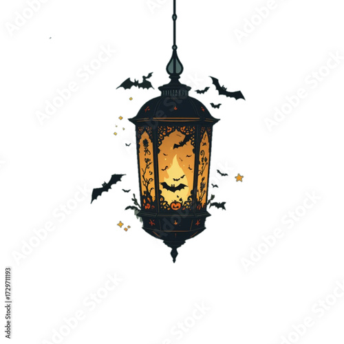Illustration of a Halloween patterned lantern with a plain background 