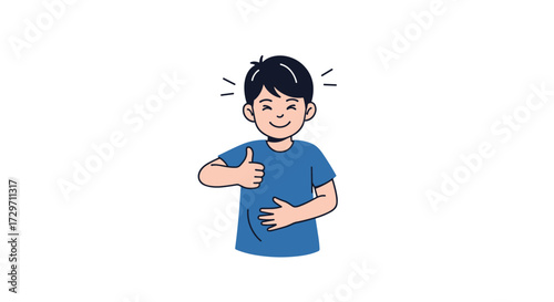 A happy young boy is giving a thumbs up gesture to show his approval and satisfaction.