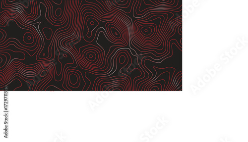 Ultra wide panoramic abstract cartography illustration red contour lines black background topographic map terrain path mapping vector artwork for landscape and decoration
