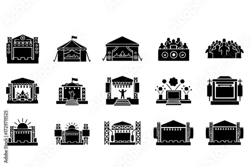 Outdoor Music Festival Stage Icons Set: Simple Vector Event Stage Icons for Web Design, Concert, Performance, Entertainment, Live Show.