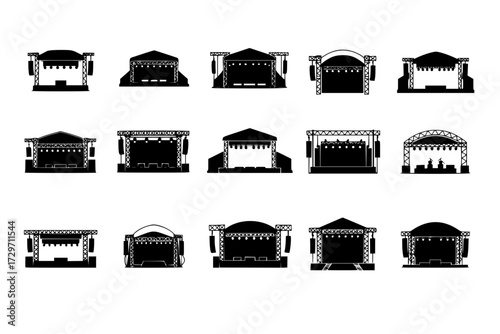 Outdoor Music Festival Stage Icons Set: Simple Vector Event Stage Icons for Web Design, Concert, Performance, Entertainment, Live Show.