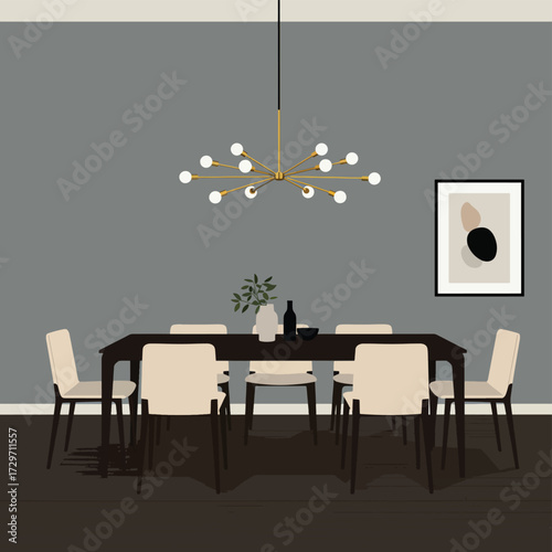 Modern Vector Illustration of Dining Room with Abstract Chandelier and Minimalist Decor in Neutral Tones