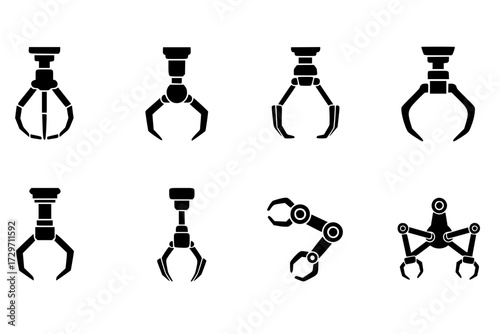 Grabber Icons Set Simple Vector: Crane Claw Game, Machine Robotic Toy, Arcade, Fun, Entertainment, Skill, Prize, Collection.