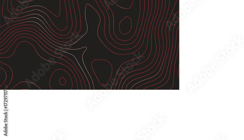 Abstract red contour line topographic map black background ultra wide panoramic terrain path mapping modern cartography vector illustration decorative artwork
