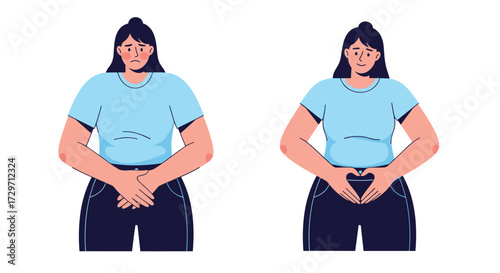 Woman showing two hand gestures illustrating self love and acceptance of her body.