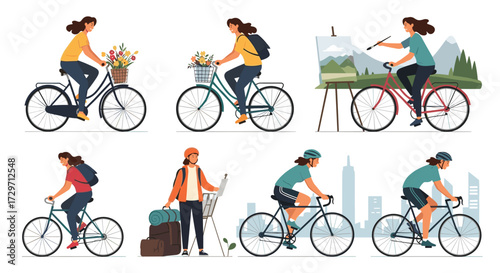 People enjoying various activities on bicycles in different settings showcasing a healthy lifestyle and hobbies.