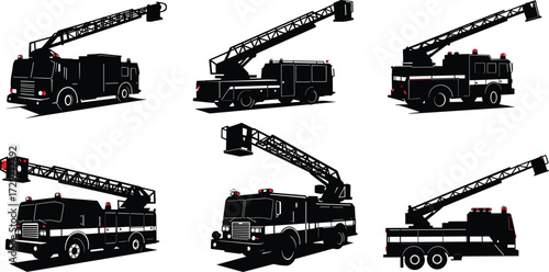 Fire truck vector illustration, emergency ladder vehicle silhouette, firefighter rescue equipment, safety transport design, fire engine graphic, emergency service automobileFire truck vector 