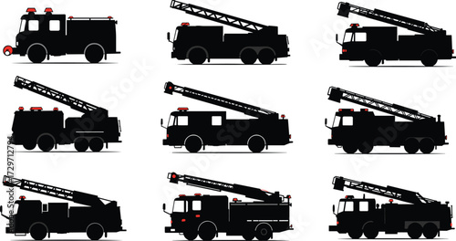 Fire truck silhouette set, emergency vehicle illustration, rescue transport vector, ladder truck design, firefighter equipment graphic, safety automobile, emergency service