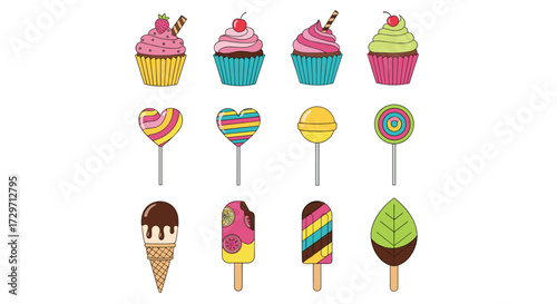 A delightful collection of pixel art sweet treats including cupcakes lollipops and ice cream bars.