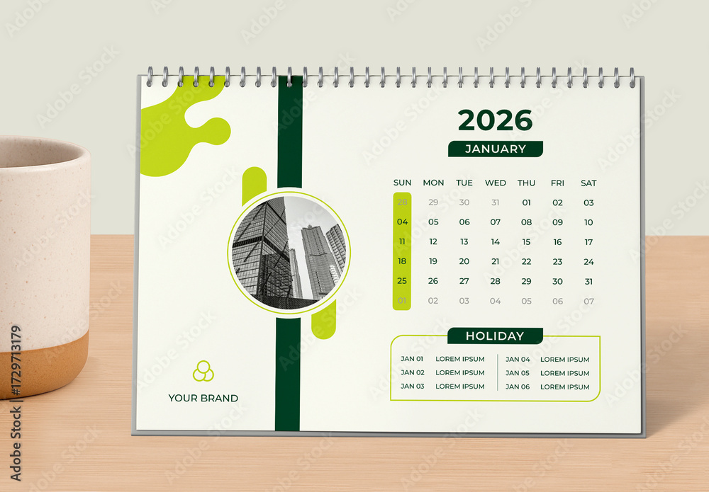 Modern Corporate Office Desk Calendar 2026 Design with Green Accents ...