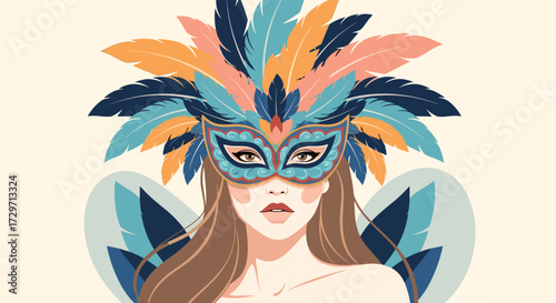 Elegant woman in colorful Venetian carnival mask with feathers and floral accents.