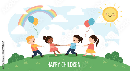 Children joyfully playing together under a bright sunny sky with a rainbow above.