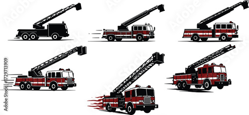 Fire truck vector illustration, emergency ladder vehicle silhouette, firefighter rescue transport, fire engine design, safety automobile, emergency service equipment graphicFire truck vector 