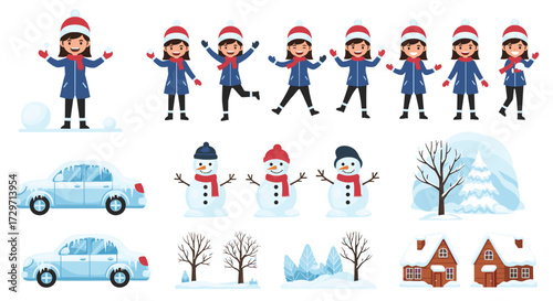 Cute cartoon winter scenes and characters with playful kids building snowmen and enjoying a snowy day with cars and houses.