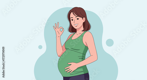 A healthy pregnant woman holding her belly and smiling while showing a peace sign.