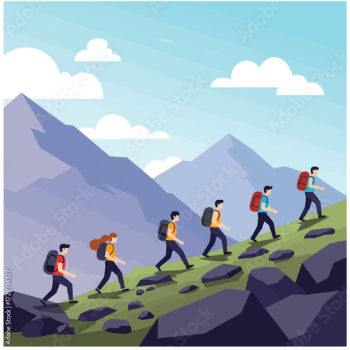 Vector Illustration of Mountain Climbers Hiking Up a Rocky Trail in Modern Flat Style with Bright Colors
