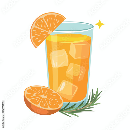 vector concept for refreshing summer drink with orange slices and ice cubes in a glass