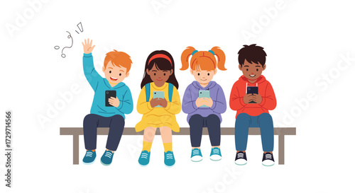 Children looking at their smartphones while sitting on a bench outdoors.