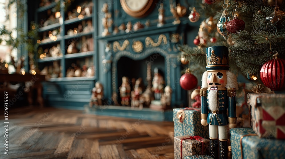 Fototapeta premium Vintage Christmas living room with tree decorated in red and gold ornaments, wrapped gifts, nutcracker toys, teal fireplace with antique clock, festive cozy holiday atmosphere